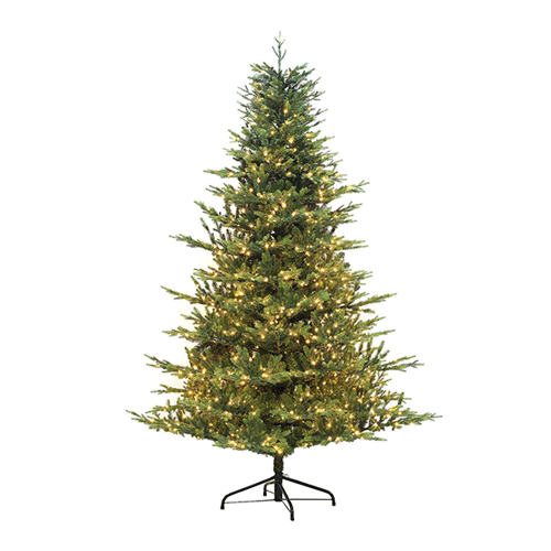 A pre-lit Christmas tree with white lights.